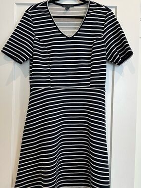 Suzy Shier Black and White Striped V-Neck Fit & Flare Dress